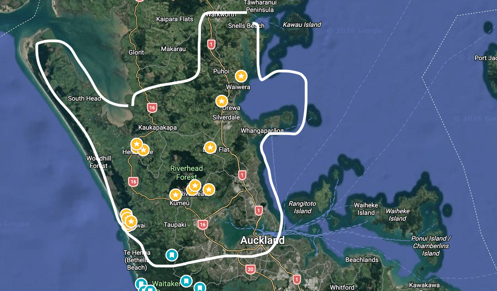 Map of Flora's service area across the wider Auckland region