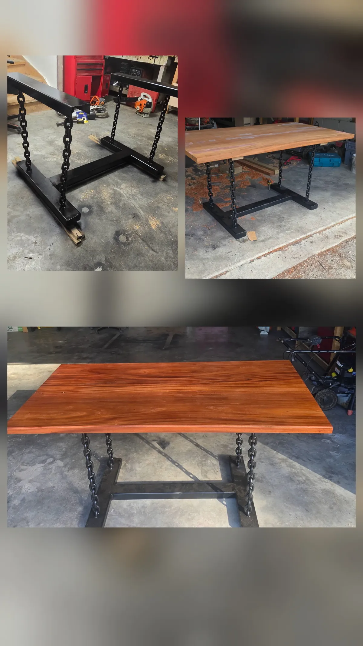 Timber dining table on welded steel-chain legs