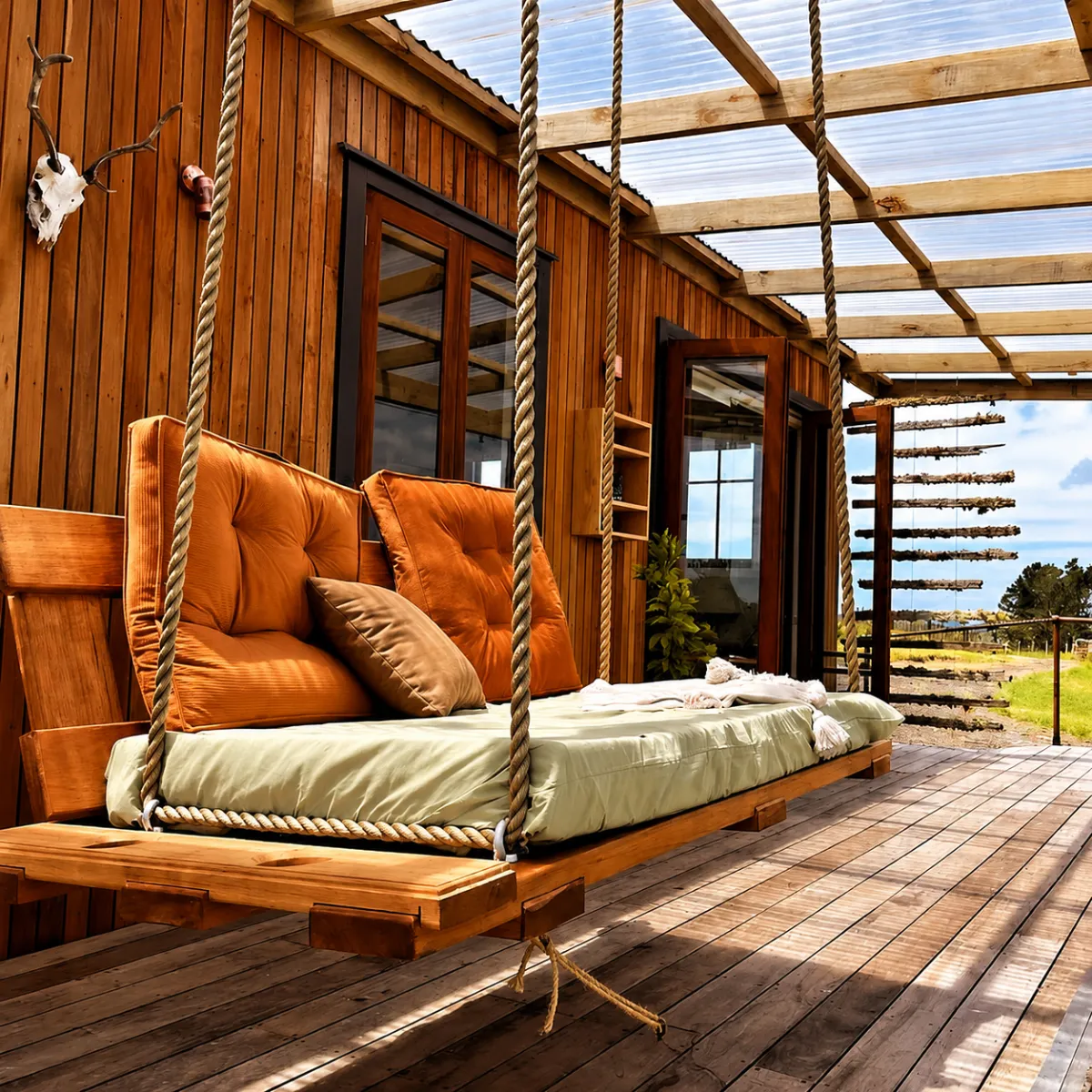 A handcrafted timber swing seat on a covered porch