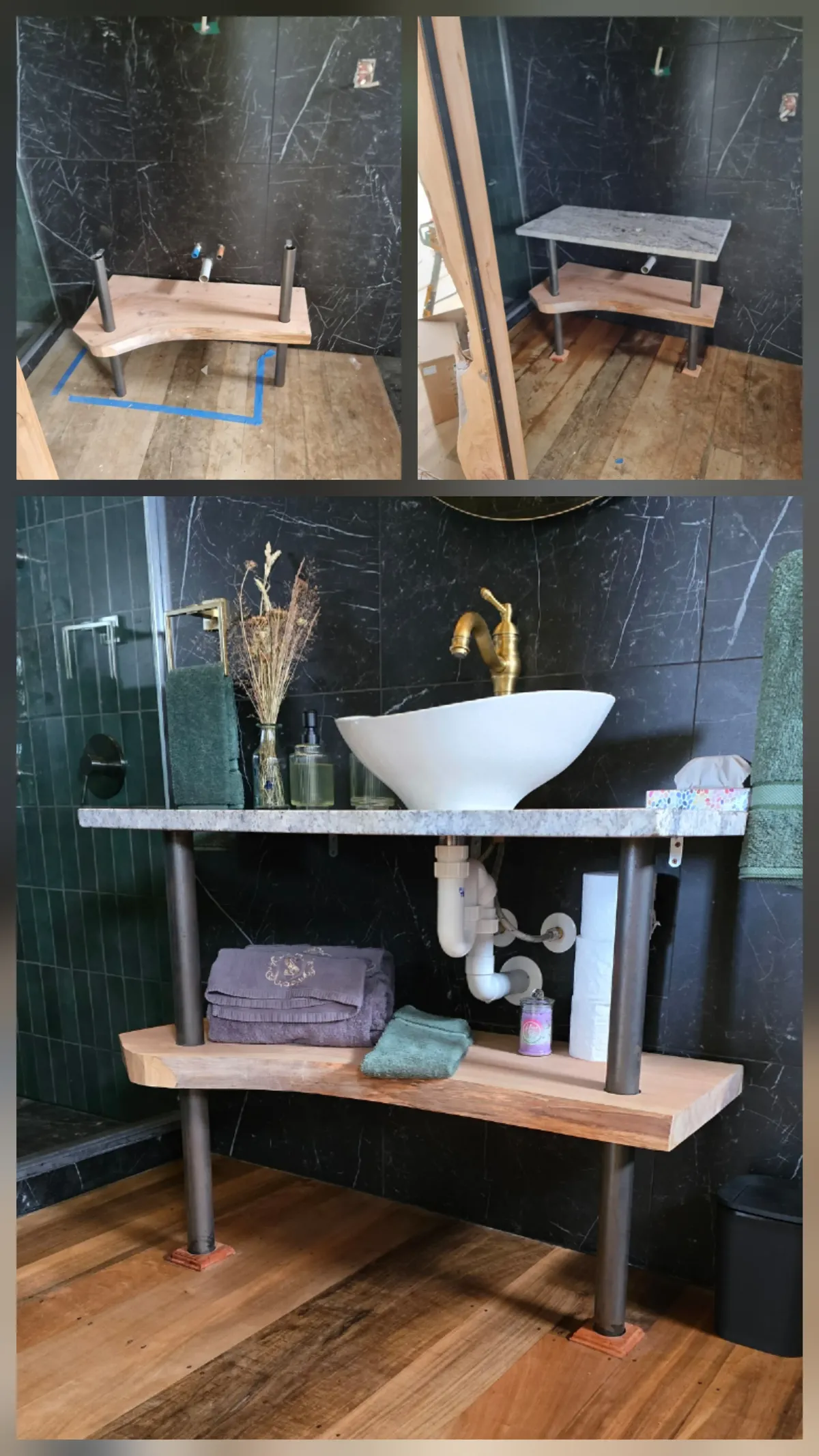 Live-edge timber and steel bathroom vanity