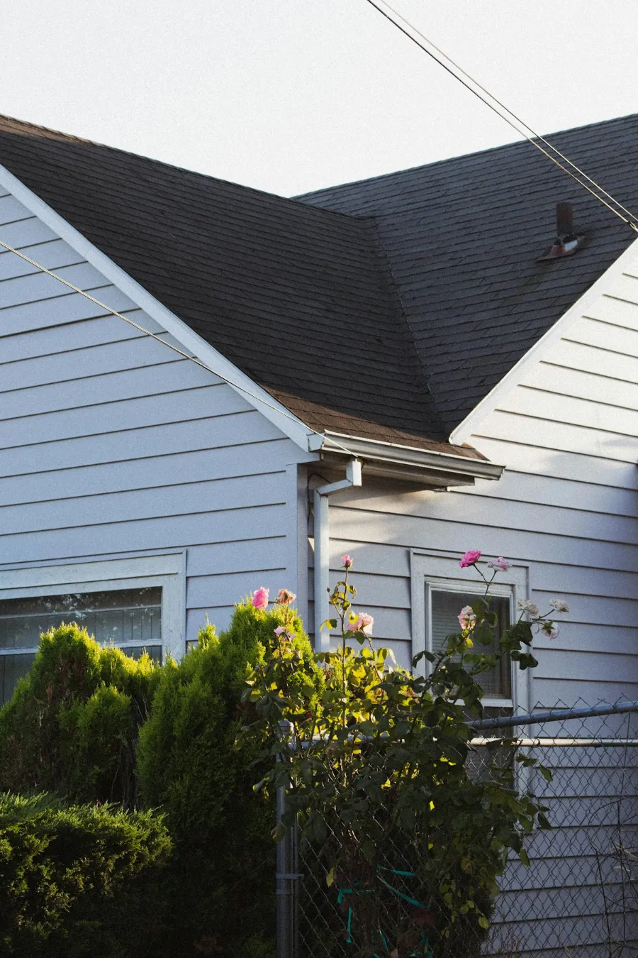 A house roof being washed clean of moss and grime